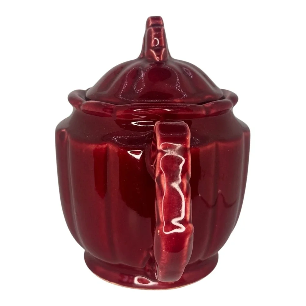 Vintage Shawnee  Burgundy‎ Red Ceramic Teapot 1940s Rosette Handle Finial Top 6